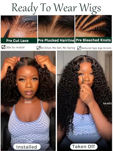 Image of KLAIYI Curly Bye Bye Knots Glueless Wig Human Hair Pre Cut 7x5 HD Lace Front Wig Pre Plucked Bleached 30S Ready to Wear and Go Wigs for Black Women Water Deep Wave Beginners Wig with Baby Hair 24Inch