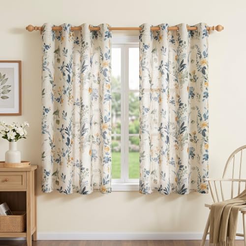 Image of MYSKY HOME Floral Linen Curtains 63 inch Length 2 Panels Set Patterned Semi Sheer Light Filtering Privacy Farmhouse Grommet Drapes for Bedroom Small Window, Yellow and Blue, 52 inch Wide Each Panel