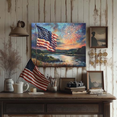 Image of 4th of July Canvas Wall Art, Sunset Lake and American Flag with Fireworks Print, Patriotic Memorial Day Independence Celebration Framed Artwork for Living Room and Porch Decor 24x30inch