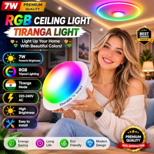 Image of iDurable 'N' Smart 7W Tiranga LED Ceiling Light | 3 in 1 RGB Tri-Color Glow Light | LED Downlight for Home, Bedroom, Living Room & Decoration | 220-240V AC Energy Saving Light Code-14