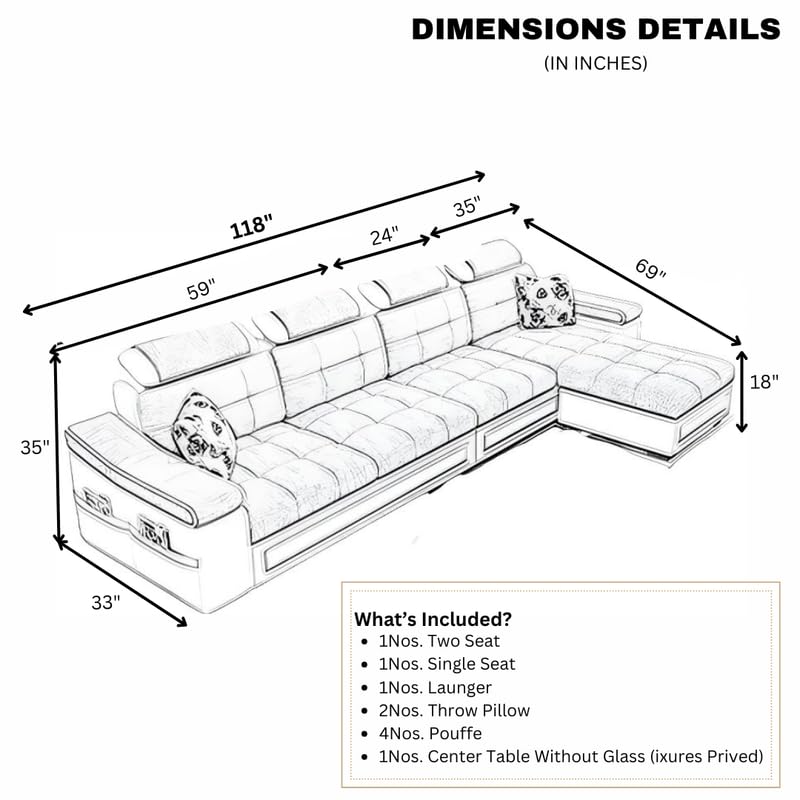 Image of Homax. - Jasmine L Shape Model Attractive Sectional Sofa Set with Stunning Smart Center Table for Living Room,Set of 8 Items.Upholstery-Premium Fabric