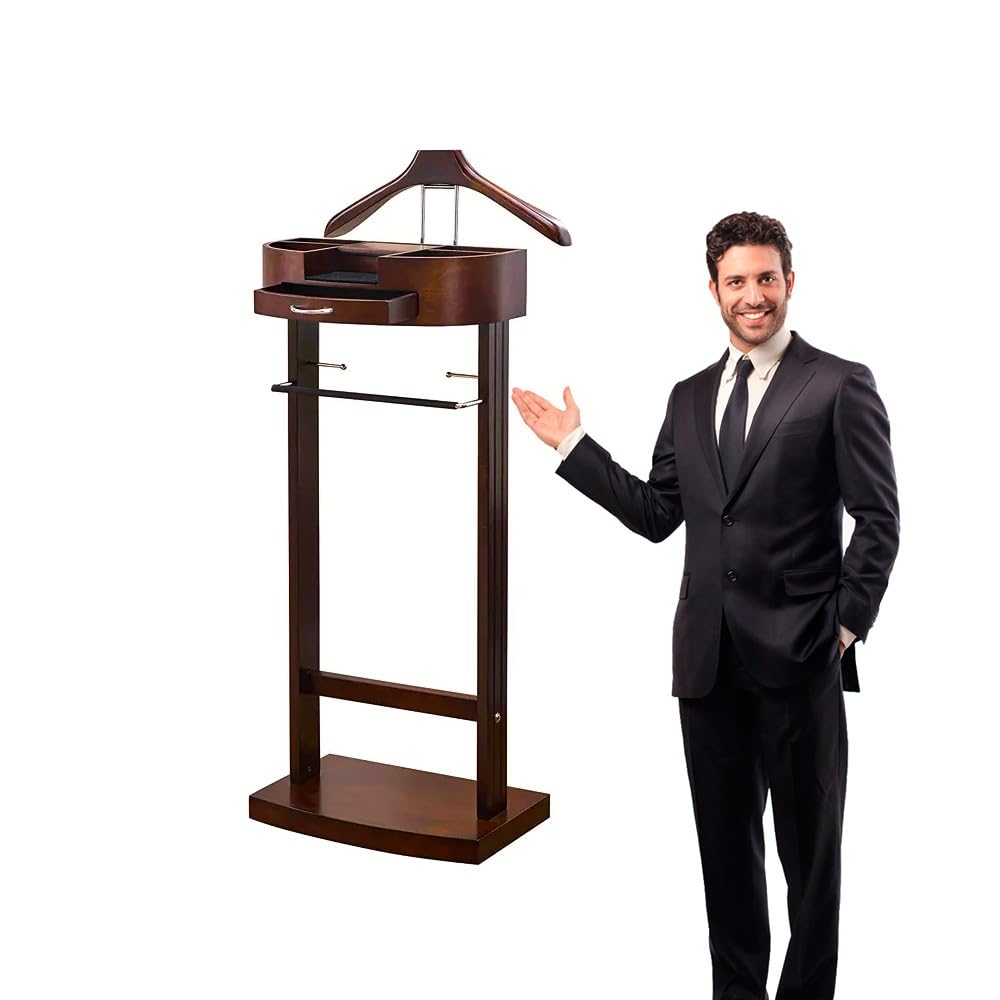 Qcesorib Men's Brown Solid Wood Valet Stand With Tray, Clothes Valet Stand With Base And Pants Bracket, Freestanding Suit Hanger With Curved Wide Shoulder Hanger, For Or Wo's Clothes