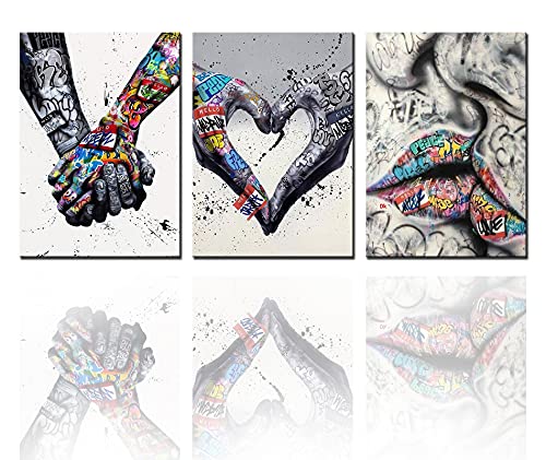 Banksy Street Art Decor Lovers Holding Hands Painting Graffiti Picture Romantic Heart Wall Art 3 Panel Prints On Canvas Holding Hands Artwork Living Room Home Decor Framed Ready To Hang(60''Wx28''H) #TOP22
