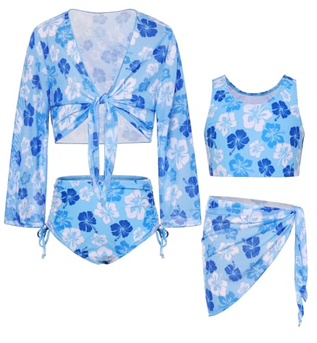 Image of GRACE KARIN Girls Bathing Suit Adjustable Taniki Swimsuit Tie Front 4 Piece Bikini Set with Kimono Cover Up 6-14