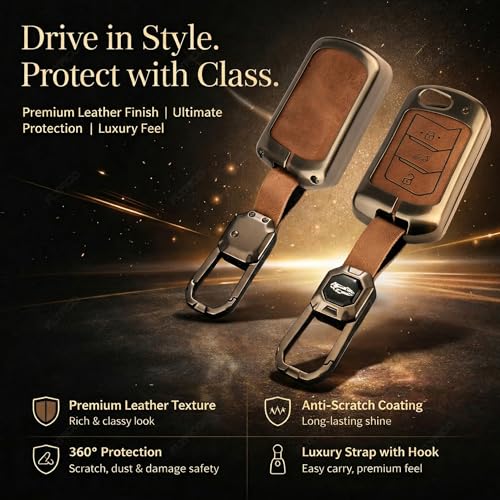 Image of Premium Metal Leather Key Cover Compatible with Mahindra Scorpio, Marazzo, Xuv 300, Xuv 700 Xuv 400 Ev, Bolero, Thar, Tuv 3 Button Flip Key Full Leather and Metal Protection with Keychain