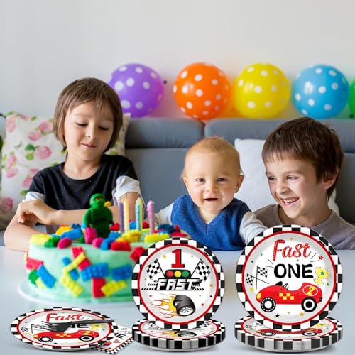 Image of Fast One Birthday Decorations for Boys Racing Car 1st Birthday Party Supplies Fast One Plates Napkins Forks Checked Race Car Disposable Paper Plates Tableware Set for Kids Favors Serve 25