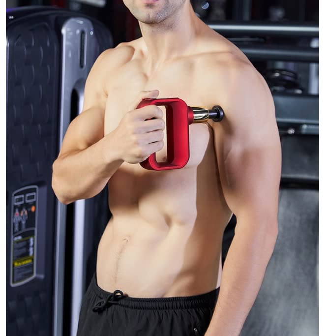 Pistola de Masaje Masajeador de Tejido Profundo, 32 velocidades Potente masajeador de percusión con Pantalla táctil LCD, con 4 Cabezales de Masaje for aliviar el Dolor Muscular y relajación Rojo