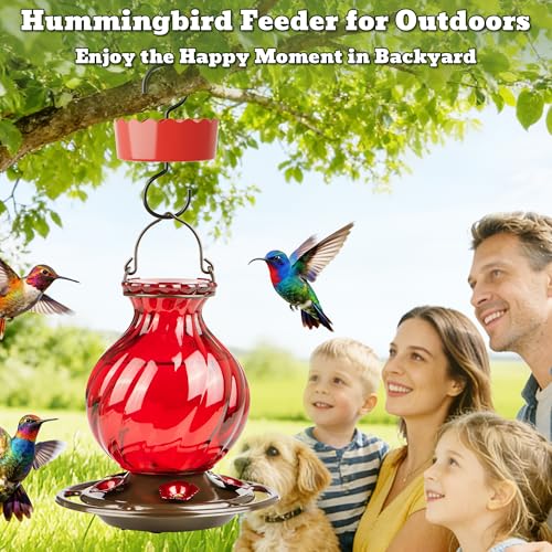 Image of Hummingbird Feeder, Auslar 26 Ounces Glass Hummingbird Feeders for Outdoors Hanging Ant and Bee Proof, Ant Moat & 5 Flower Feeding Ports, Rustproof, Leakproof, Netted Flower Bud Shape Bottle, Red