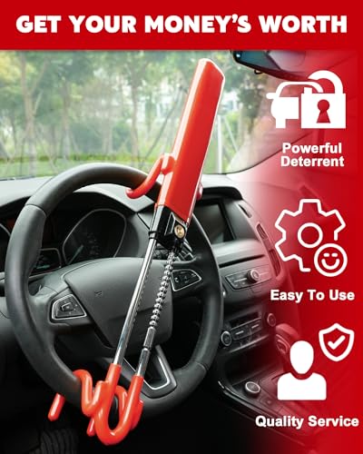 Image of Tevlaphee Steering Wheel Lock Anti-Theft Car Device Heavy Duty Security Car Lock Antitheft Locking Devices Great Deterrent Adjustable Car Wheel Lock Anti Theft for Vehicle Truck SUV with 3 Keys (Red)