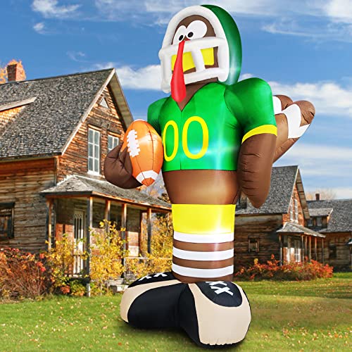 TURNMEON 12 Foot Giant Turkey Inflatable Thanksgiving Outdoor Decorations Blow up American Football with Built-in LED Lights Tethers Stakes Fall Thanksgiving Decorations Outside Yard Lawn Garden Home
