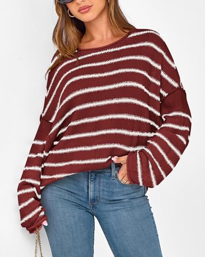 BTFBM Women's Striped Knit Sweaters 2025 Spring Fall Boat Neck Off Shoulder Long Sleeve Oversized Casual Pullover Tops