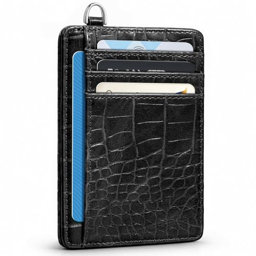 Image of Coco Rossi Crocodile Wallet Women Slim Credit Card Holder with Keychain | Luxury Wallets, Alligator Print, RFID Blocking, ID Case, Small Minimalist, Womens Girls Gift, Black Croc