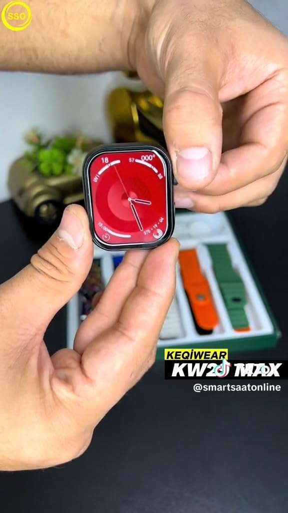 KEQIWEAR KW29 MAX Smartwatch with a red watch face showing time and health metrics