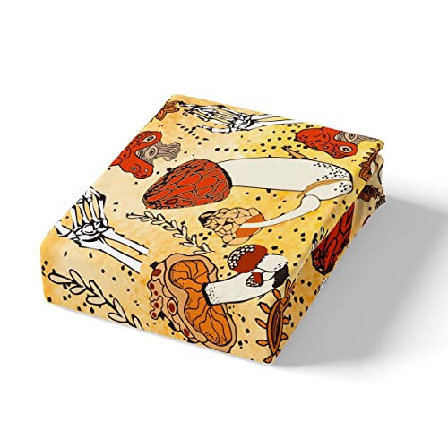 Castle Fairy Mushroom Fitted Sheet Set Full Size 4Pcs,Retro Yellow Hippie Eyes Skeleton Bedding Sets(1 Fitted, 1 Flat, 2 Pillowcases) Skull Leaves Plant Luxury Deep Pocket Bed Sheets, Modern #TOP3