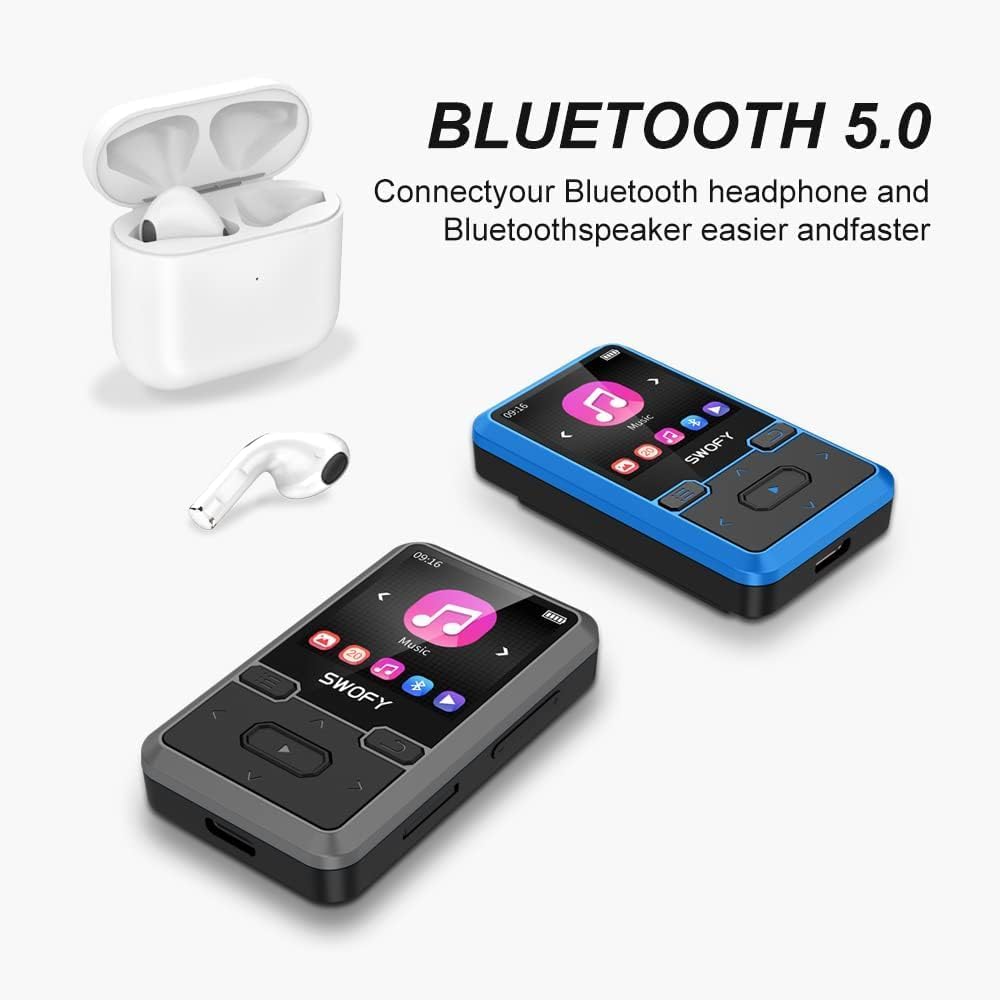SWOFY Lettore MP3 Bluetooth 5.0 con clip sportiva, mini lettore musicale portatile da 32 GB, con cuffie, radio FM, contapassi, registrazione vocale, supporta scheda SD fino a 128 GB (nero)