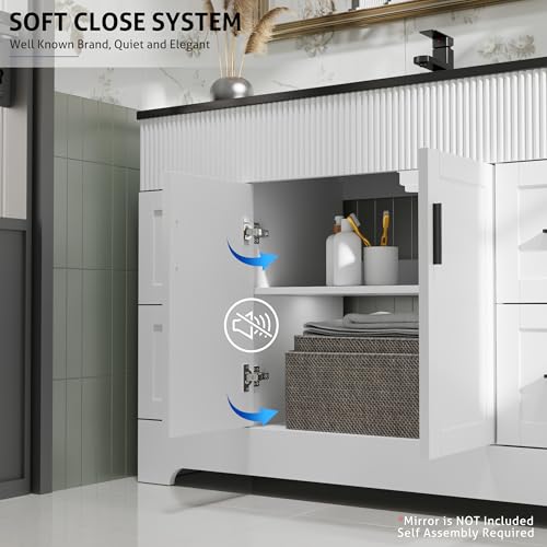 Image of eclife 48 inch Bathroom Vanities Sink Combo with Painted Surface, Modern Drawered Cabinet W /Decorative Wave Lines, Undermount Single Black Sink, Matte Black Faucet Drain, White