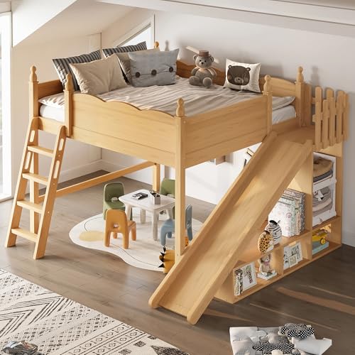 Image of Queen Size Loft Bed with Storage Shelves, Cabinet & Detachable Slide and Ladders, Solid Wood Kids Loft Bed for Space-Saving, Playful & Organized Bedroom (Natural1, Queen)