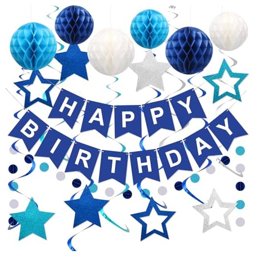 27+ Fun November Birthday Party Ideas for a Memorable Celebration 4 meowtastic Birthday Decorations, Happy Birthday Banner with Honeycomb Balls, Stars Hanging Swirl Streamers, Circle Dots Garland, Happy Birthday Party Decorations for Women Men Boys Girls (Blue)