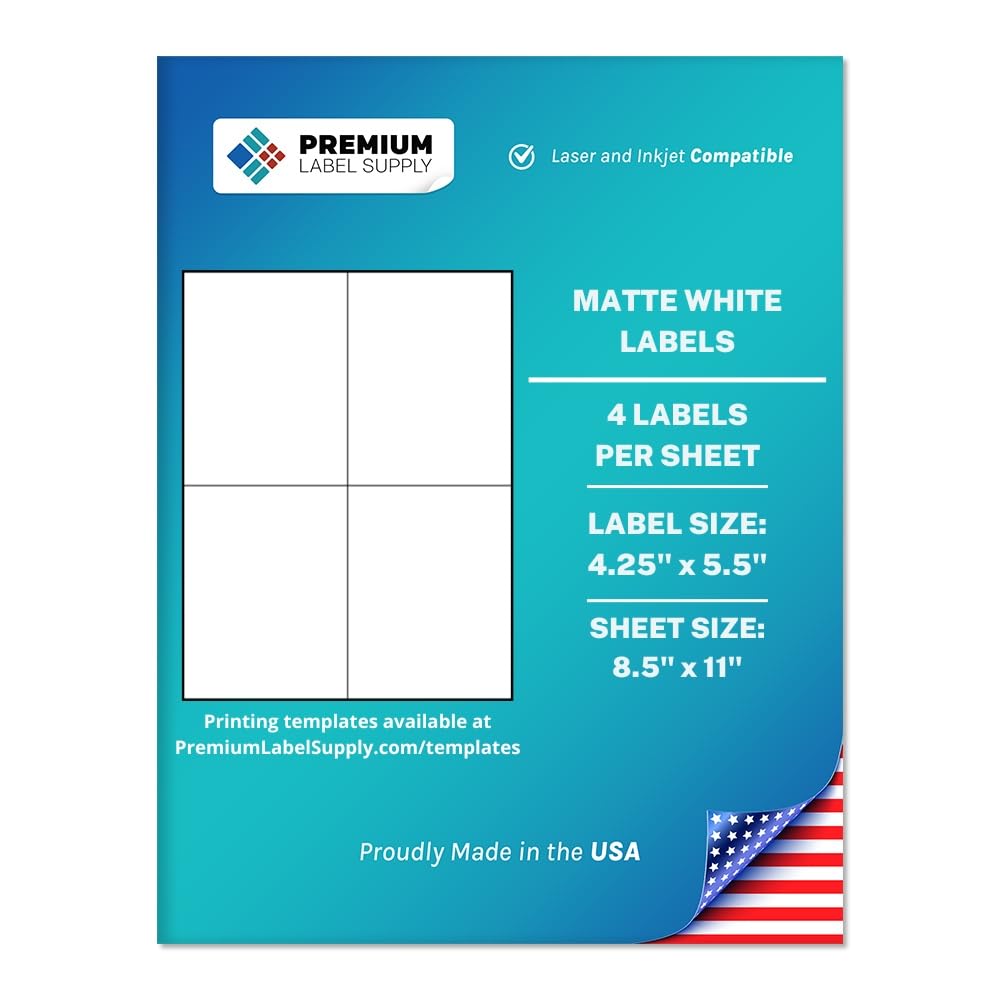 Premium Label Supply White Sticker Shipping Labels – 4.25" x 5.5" – Laser/Inkjet Compatible – (4 per Sheet), 25 Sheets – 100 Total Adhesive Labels
