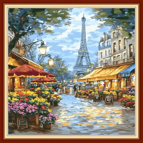 Image of Joyhoor Cross Stitch Kits for Beginners Stamped Cross-Stitch Supplies Needlework preprint Embroidery Kits for Adults DIY Needlepoint Kits Embroidery Patterns 11CT-Street Eiffel Tower 18x18 inchs