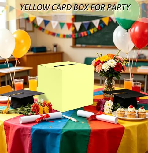 Image of SietDESEO Yellow Card Box for Graduation Large Gift Card Box Holder 9.8 inch x 9.8 inch Money Cards Box Diy Card Box for Wedding Reception Baby Shower Birthday Cards Box Holder