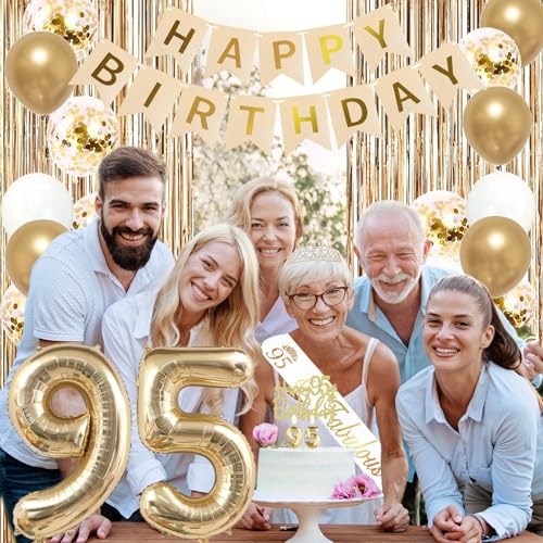 Image of Trgowaul 95th Birthday Decorations for Women, Banner, Sash and Crown, Cake Topper, 95 Number Balloon, Fringe Curtains, Champagne Gold 95th Birthday Party Supplies