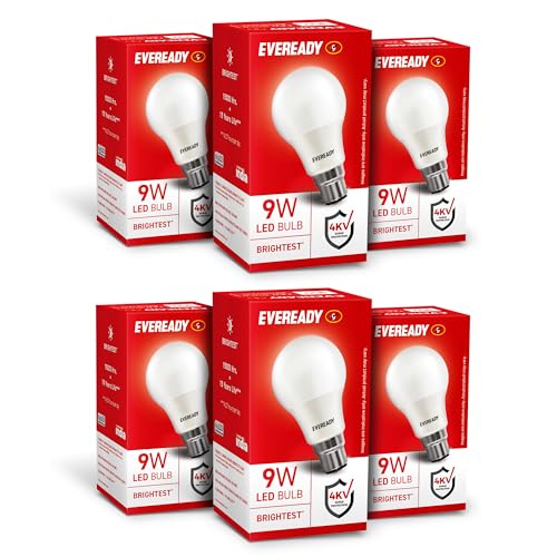 Eveready 9W LED Bulb, Cool Day Light (6500K), B22 Base, Energy-Efficient, 4kV Surge Protection, Long-Lasting Durability - Pack of 6