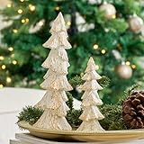 Vintage Christmas Tree Figurines White with Gold, 9.64' Tabletop Xmas Tree Ornaments Christmas Centerpieces for Mantle Desk Decor, Decorative Trees Set of 2 for Modern Farmhouse Indoor Decor