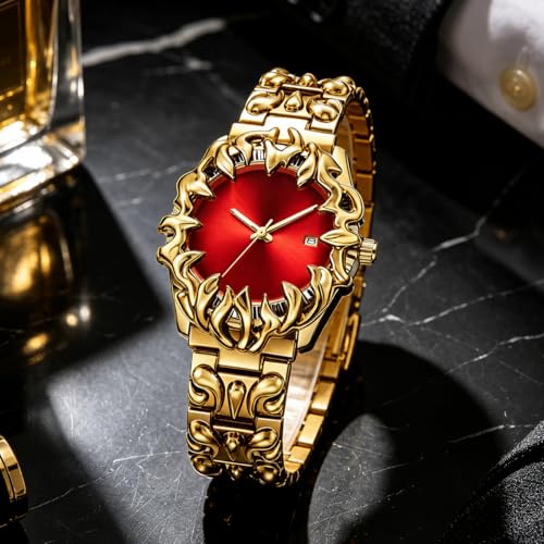 Image of CARLIEN Gothic Claw Watch for Men - Unique Stainless Steel Wristwatch, Luminous Hands, Waterproof Quartz Movement, Futuristic Melting Style, Cool Red & Green Color Options