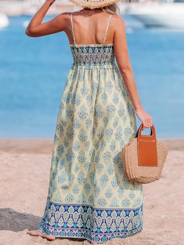 Image of CUPSHE Women Spaghetti Straps Boho Maxi Dress Summer Sleeveless Smocked Floral Beach Long Dress Flowy Cruise Vacation Outfits