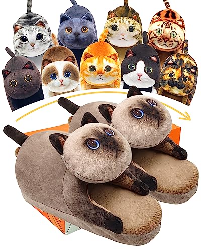 Openhahaha Funny Cat Slippers for Woman Indoor Warm and Comfy Winter Womens Slippers Memory Foam House Shoes with Non-Slip Sole Cat Gifts for Women/Mens (Siamese cat)