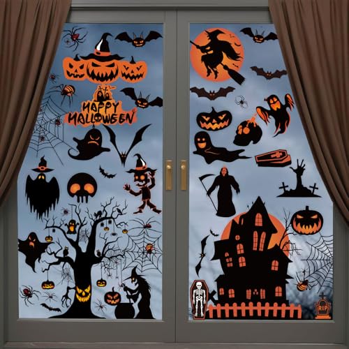 Halloween Decorations | 8 Sheet Halloween Window Stickers Clings Decals | Double Sided Reuseable Bats Spider Ghost Pumpkin Halloween Party |