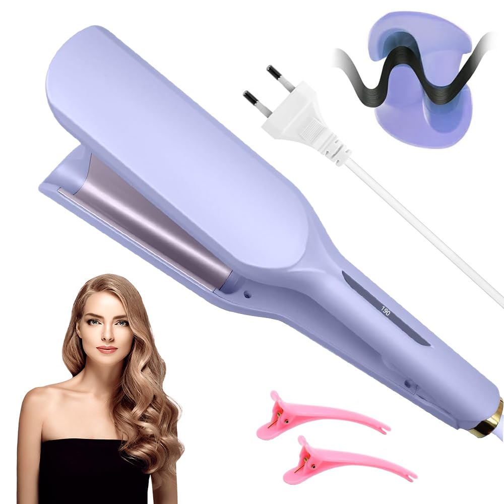Welleneisen Für Haare, 32mm Lockenstab Große Locken, French Wave Lockenstab, 5 Einstellbare Temperaturen, V Förmiger Welleneisen Große Wellen, Mermaid Hair Waver, für Lange/Kurze Haare (Lila)