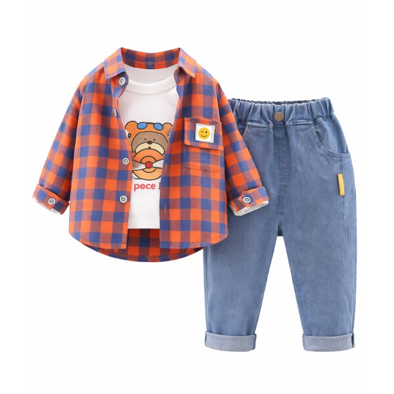 OrJana Set Abbigliamento Bambino 3 Pezzi, Camicia a Quadri, T-Shirt Bianca manica lunga, Jeans Blu