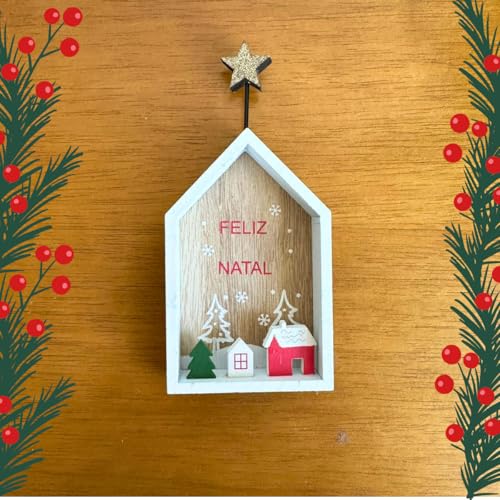 Enfeite de Natal de Apoiar Casinha de Madeira com Estrela Brilhante (Detalhe Casinha Vermelha)