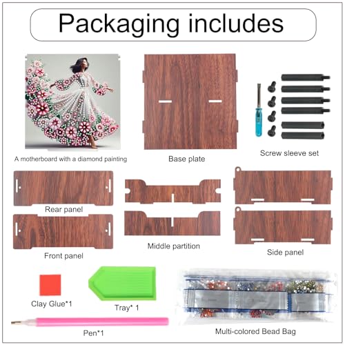 Image of DIY Diamond Art Storage Box, Flower Lady Design Wooden Diamond Painting Case with Flip-Top Lid and 4 Divided Compartments, Desktop Craft, Jewelry and Accessories Supplies Storage Container