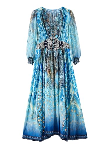 Robe longue en soie imprimée paon idéale pour vos soirées habillées