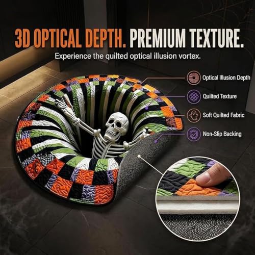 Image of 3D Halloween Rug, Ghost Skeleton vortex quilted 3D Optical Illusion Rugs | Candy Corn Abyss Quilted Round Mat with Spooky Depth Design Crystal Velvet Soft & Durable Fabric Non-slip(24INCH skull)