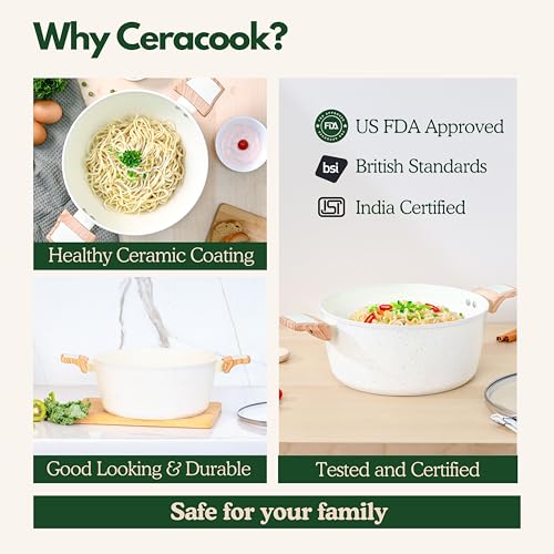 Image of Kreme Ceracook Ceramic Coated Granite Kadai 3.2L /26cm with Glass Lid, Deep Frying Kadhai, ISI Certified, Forged Aluminium, Gas & Induction Use, Non Toxic PFAS & PTFE Free, 1 Yr Warranty, Ivory