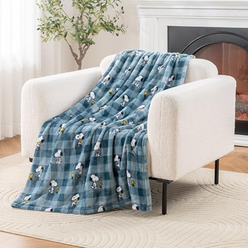 Image of Berkshire Blanket Peanuts VelvetLoft Cute Character Snoopy Plush Throw Blanket,Peanuts Snoopy Everyday Buffalo Plaid Navy Tonal,Throw 55 in x 70 in (Official Peanuts Product)