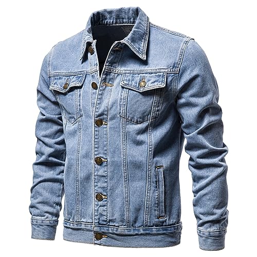 Mens Denim Jacket Casual Slim Pocket Lapel Solid Color Fashion Long Sleeve Button Jean Jackets