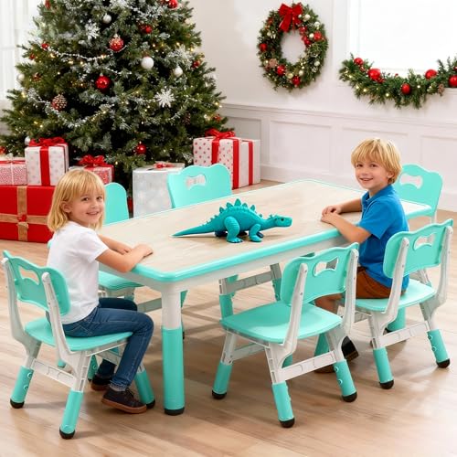 Garvee Kids Table and 6 Chair Set,47 in Modern Height Adjustable Toddler Table and 6 Chairs Set with Non-Slip Desk Legs&Organizer Graffiti Desktop, Preschool Activity Art Craft Tables for 6(