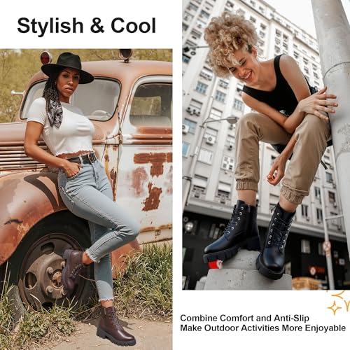 Vepose Women's 9626 Combat Ankle Boots, Lace-up Platform Chunky Heel Booties with Side Zipper2