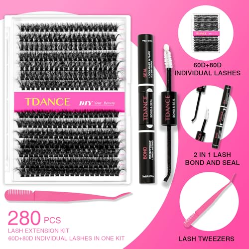 Fluffy-Eyelash-Extensions-Kit-With-280pcs-Thick-Cluster-Lashes60D-80D-Individual-Lashes-Lash-Bond-Seal-Glue-Applicator-for-BeginnersKit-Fluffy-60D80D-280PCS