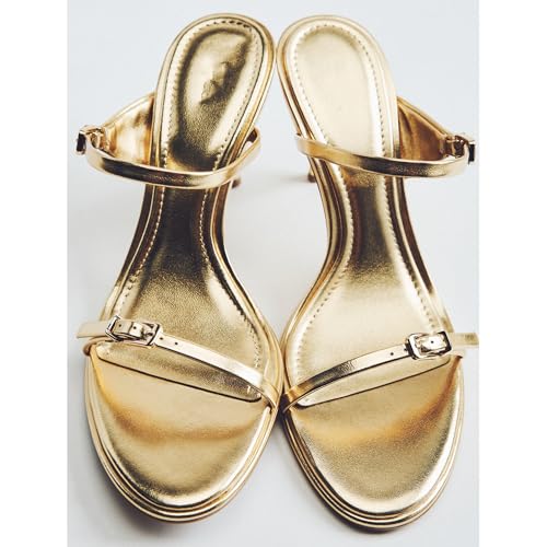 Arqa Women's Golden Buckle Metal Fashionable Slim High Heel Sandals Classic Simple Stiletto Pumps Comfort Dressy Party Open Almond Toe Gold Shoes Casual Slip on Mules4