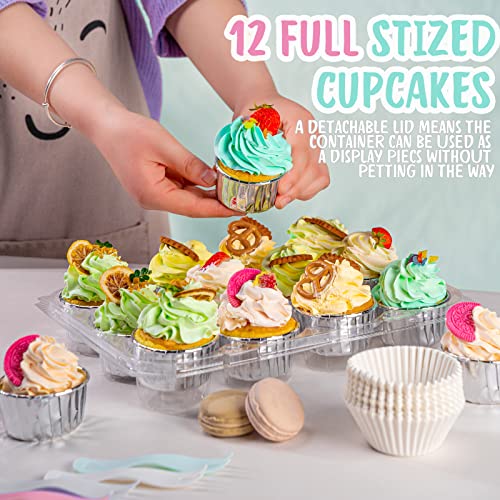 Wookgreat (12 Pack X 25 Sets) Stackable Cupcake Carrier With 300 Pack Cupcake Liners And 30 Spoons, Plastic Cupcake Boxes Holders For 12 Cupcakes, Cupcake Containers, Clear Disposable Cupcake Trays #TOP4