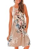 Womens Floral Printed Sleeveless Swing Dress with Pockets Knee Length M Brown