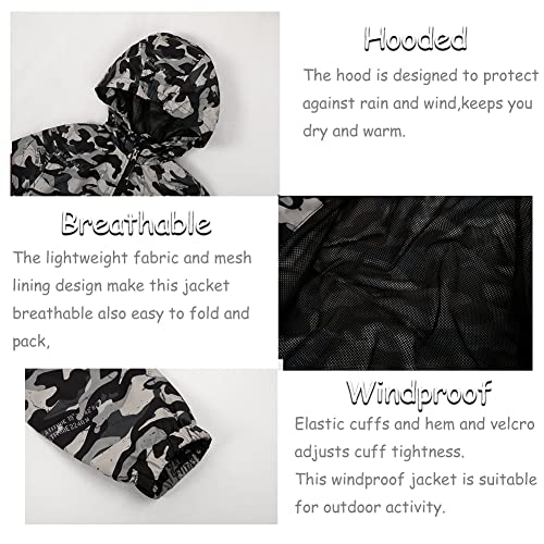 SNOW DREAMS Boys Waterproof Rain Jacket Windbreaker Lightweight Coat Kids Raincoat Outerwear Grey Camo Size 103