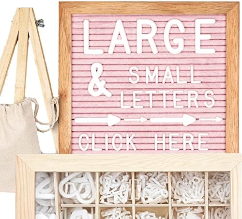 Little Hippo Pink Felt Letter Board Sign 10x10 Inch with 690+ PRE-Cut Letters - Wood Message Board with Letters and stand, Baby Announcement Sign, Back to School Felt Board