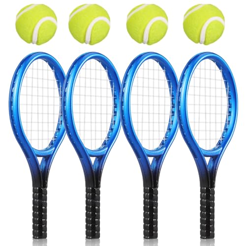 BIUDECO 4 Juegos de Mini Raquetas de Tenis en Miniatura Azules Mini Balones Llavero de Tenis Portátil Accesorios Deportivos para Casa de Muñecas y Decoración Temática